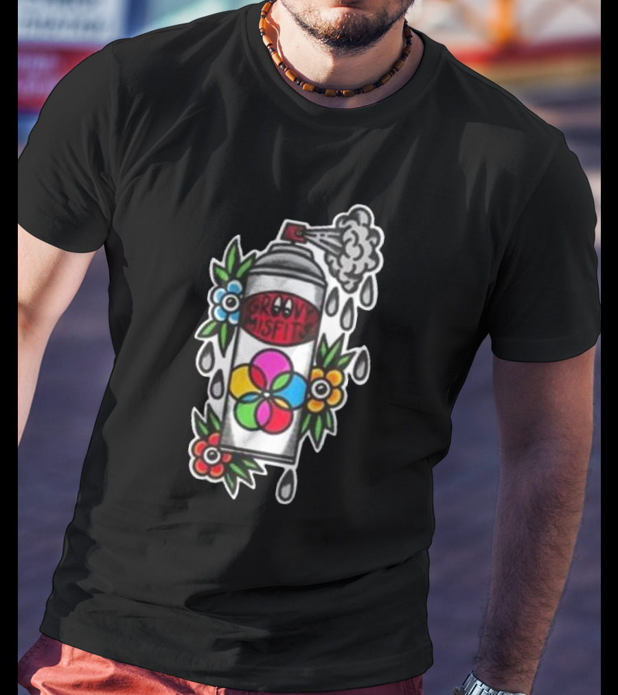 Tan Clemons Groovy Misfits Rattle Can Flower Power Design T-Shirt