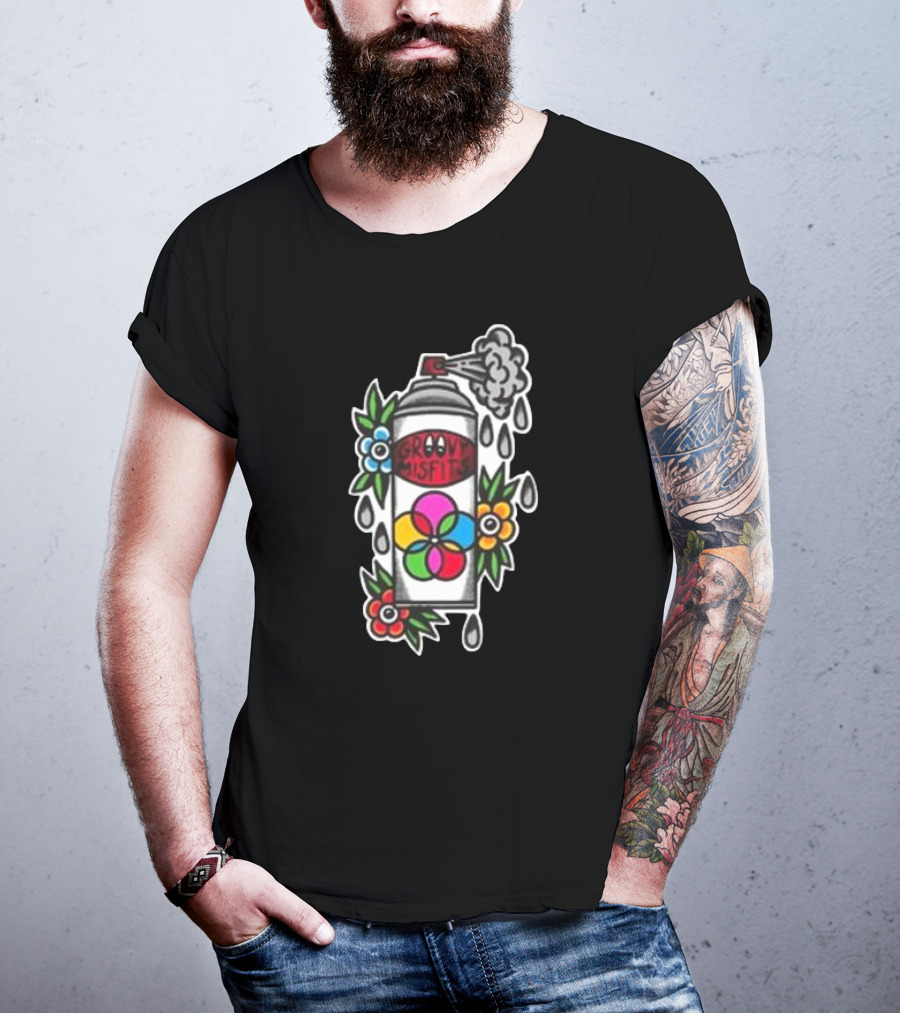 Tan Clemons Groovy Misfits Rattle Can Flower Power Design T-Shirt