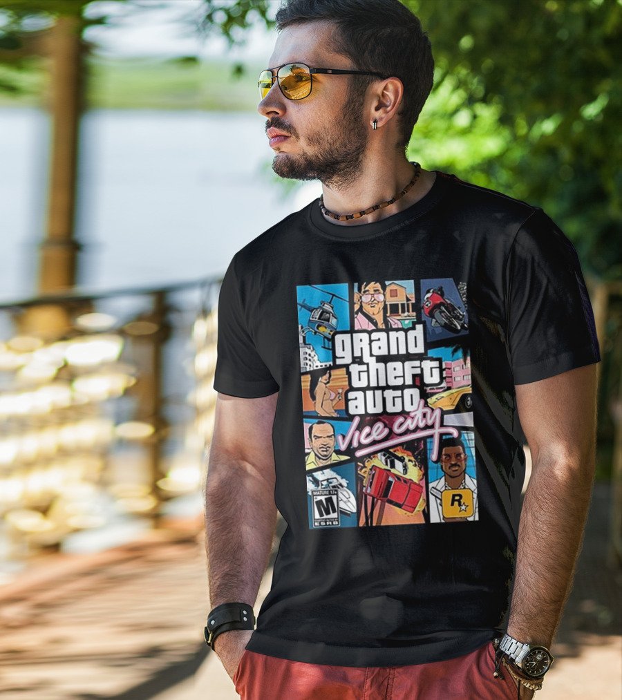 Grand Theft Auto Vice City Game Cover Art Helicopter Motorcycle Car Explosion R Star Logo T-Shirt