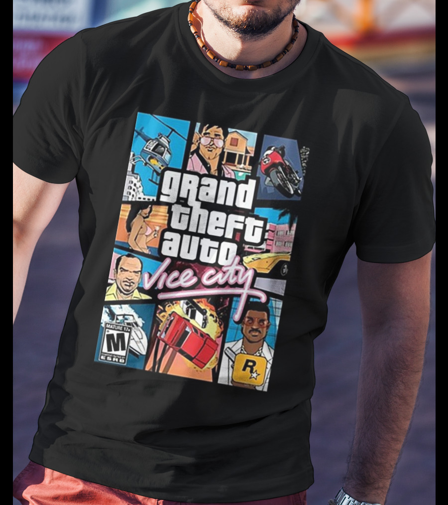 Grand Theft Auto Vice City Game Cover Art Helicopter Motorcycle Car Explosion R Star Logo T-Shirt