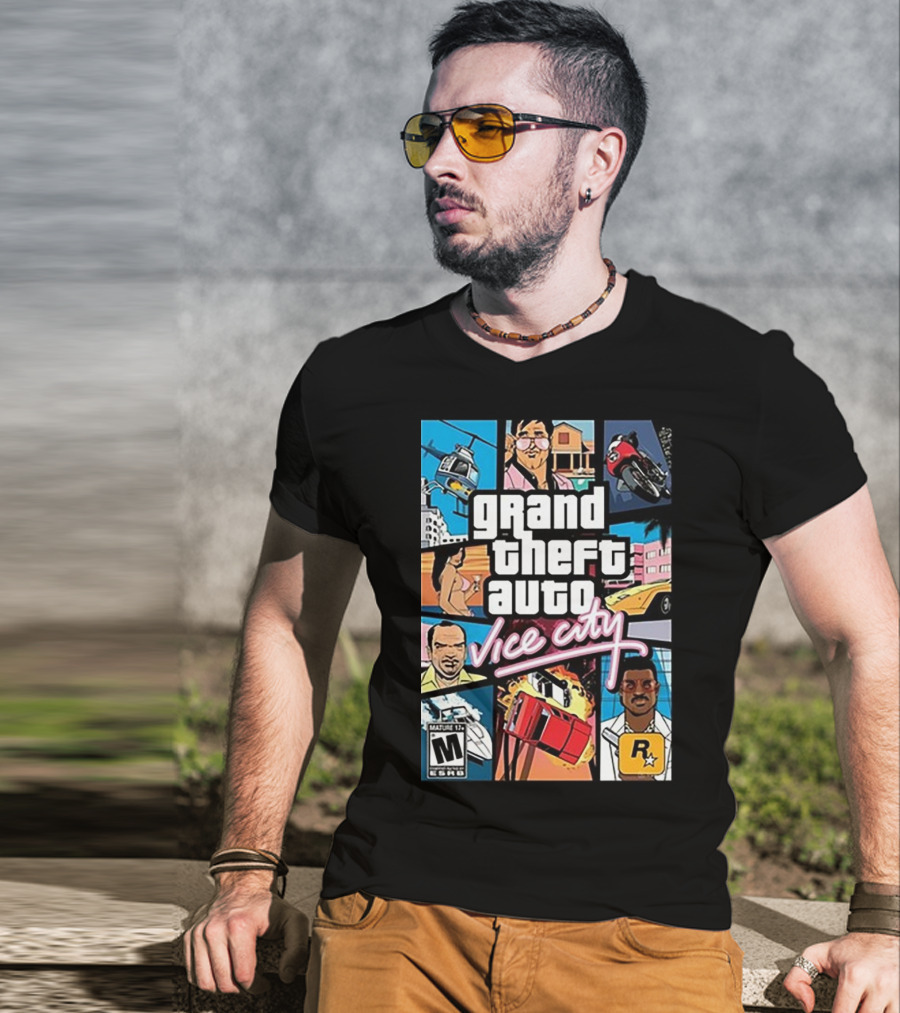 Grand Theft Auto Vice City Game Cover Art Helicopter Motorcycle Car Explosion R Star Logo T-Shirt