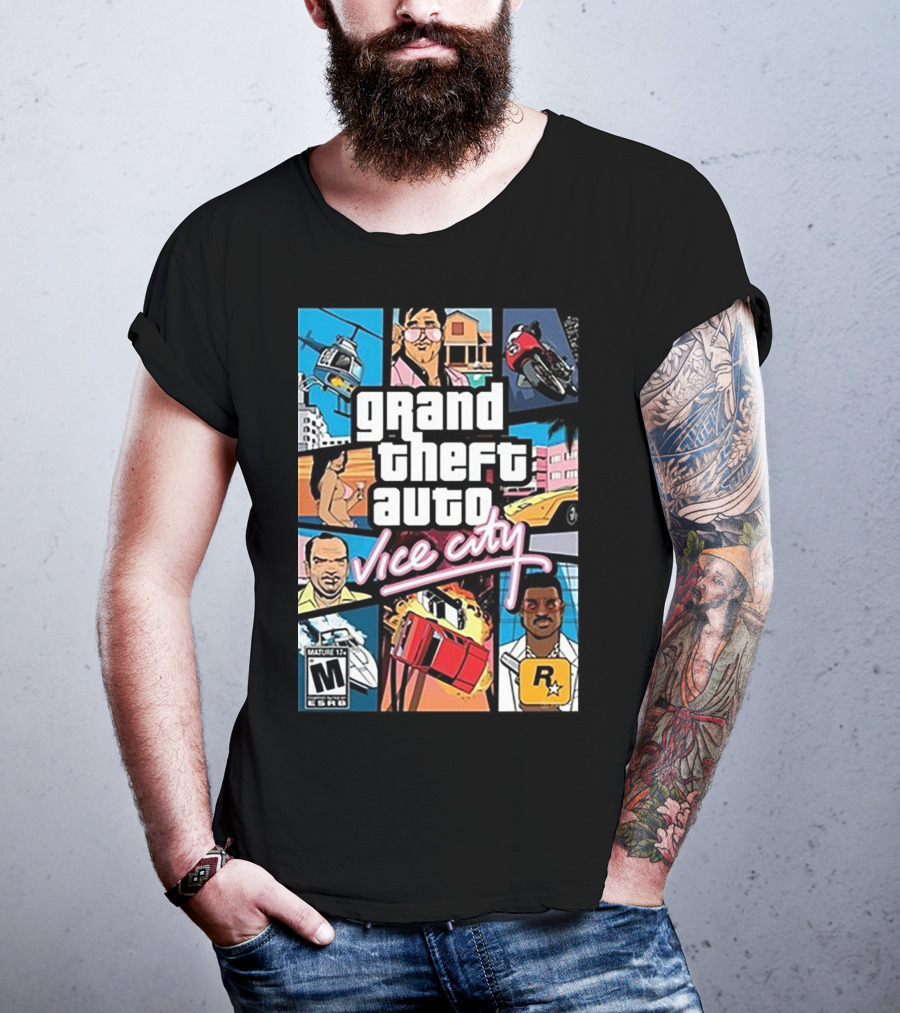 Grand Theft Auto Vice City Game Cover Art Helicopter Motorcycle Car Explosion R Star Logo T-Shirt