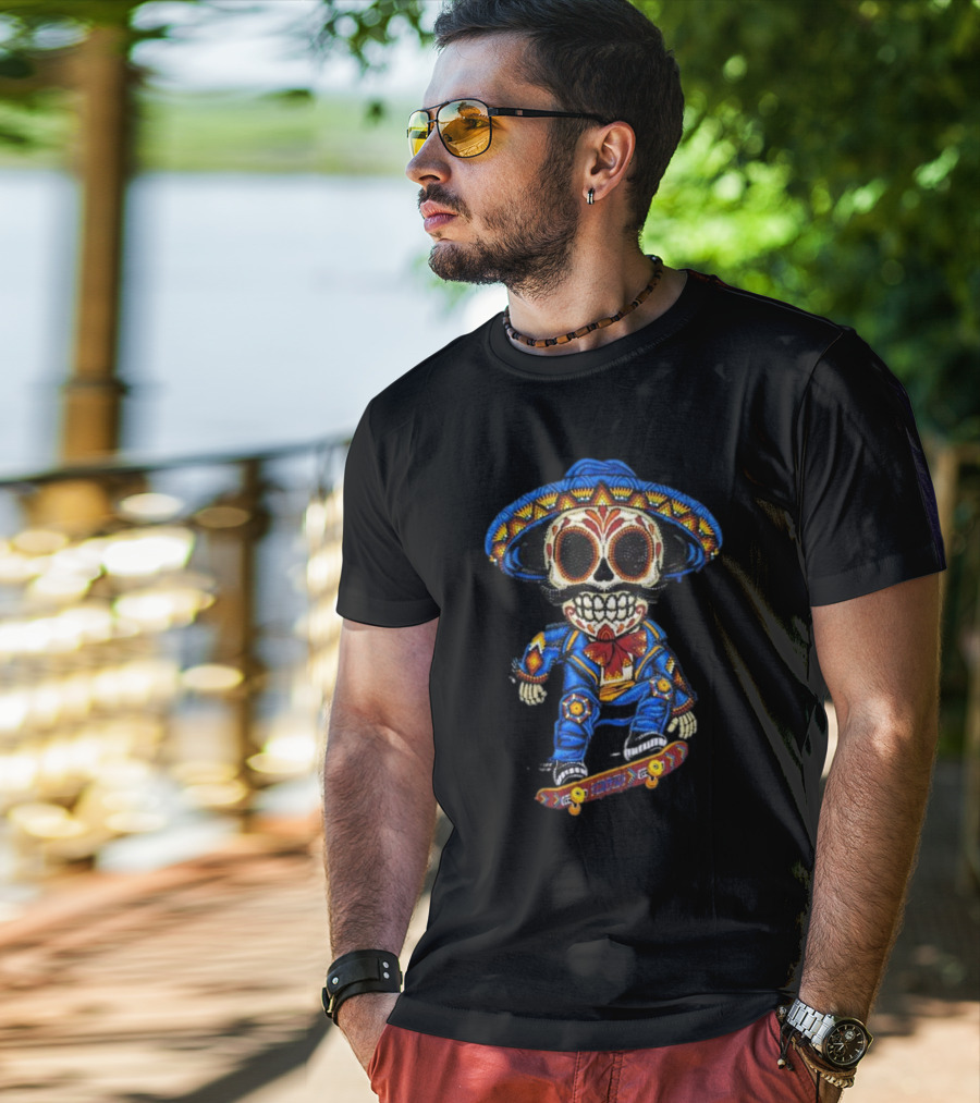 Mariachi Skull Skateboarding In Colorful Traditional Outfit T-Shirt