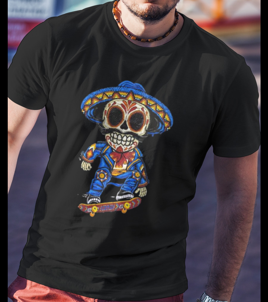 Mariachi Skull Skateboarding In Colorful Traditional Outfit T-Shirt