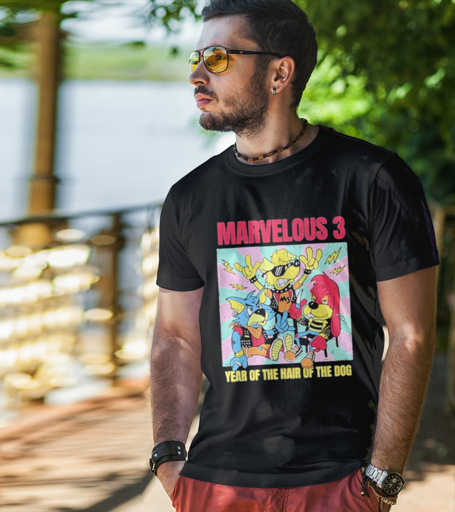 Marvelous 3 Year Of The Hair Of The Dog Cartoon Dogs With Punk Outfits And Sunglasses T-Shirt