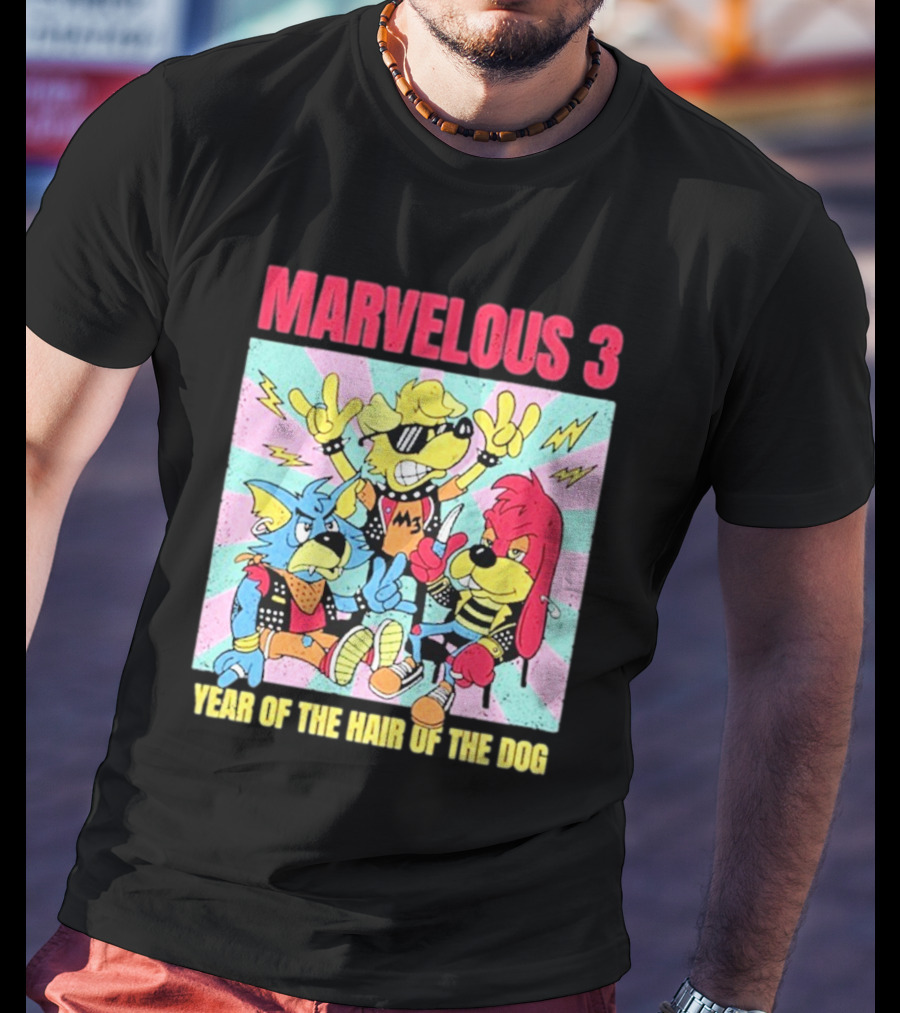 Marvelous 3 Year Of The Hair Of The Dog Cartoon Dogs With Punk Outfits And Sunglasses T-Shirt