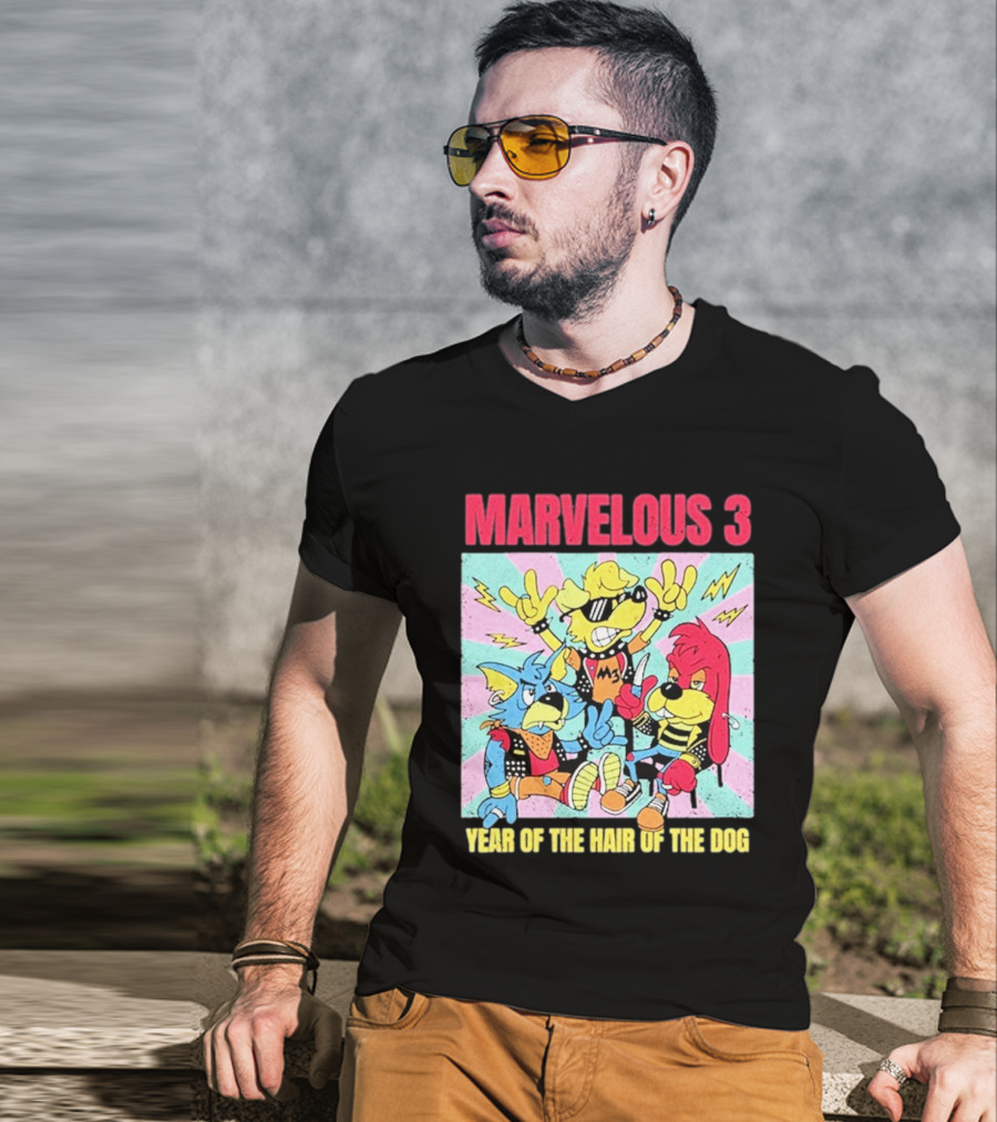 Marvelous 3 Year Of The Hair Of The Dog Cartoon Dogs With Punk Outfits And Sunglasses T-Shirt