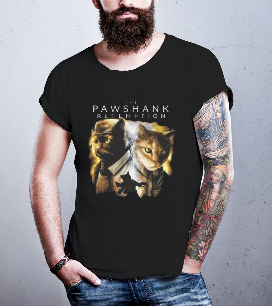Pawshank Redemption Cat Movie Parody With Lightning And Cats In Prison Uniforms T-Shirt