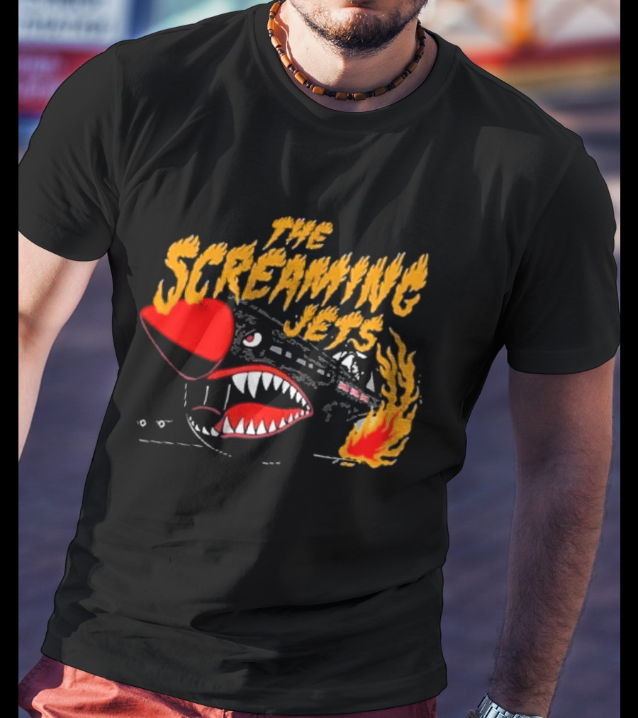 The Screaming Jets Flaming Jet With Fiery Cartoon Jet Fighter T-Shirt