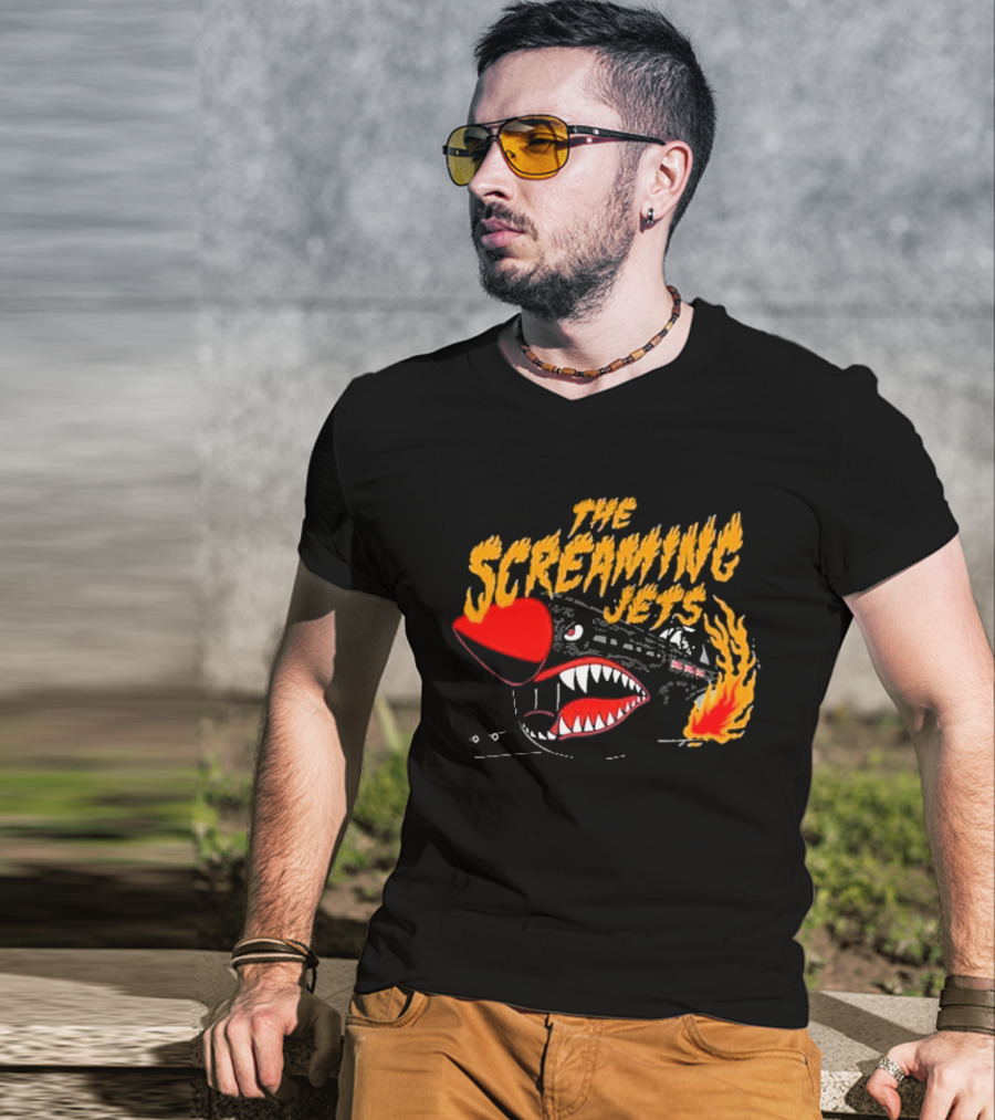 The Screaming Jets Flaming Jet With Fiery Cartoon Jet Fighter T-Shirt