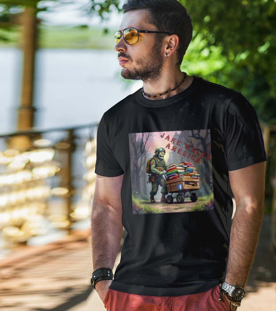 Zombie Soldier Pushing Book Cart Jake Walks America T-Shirt