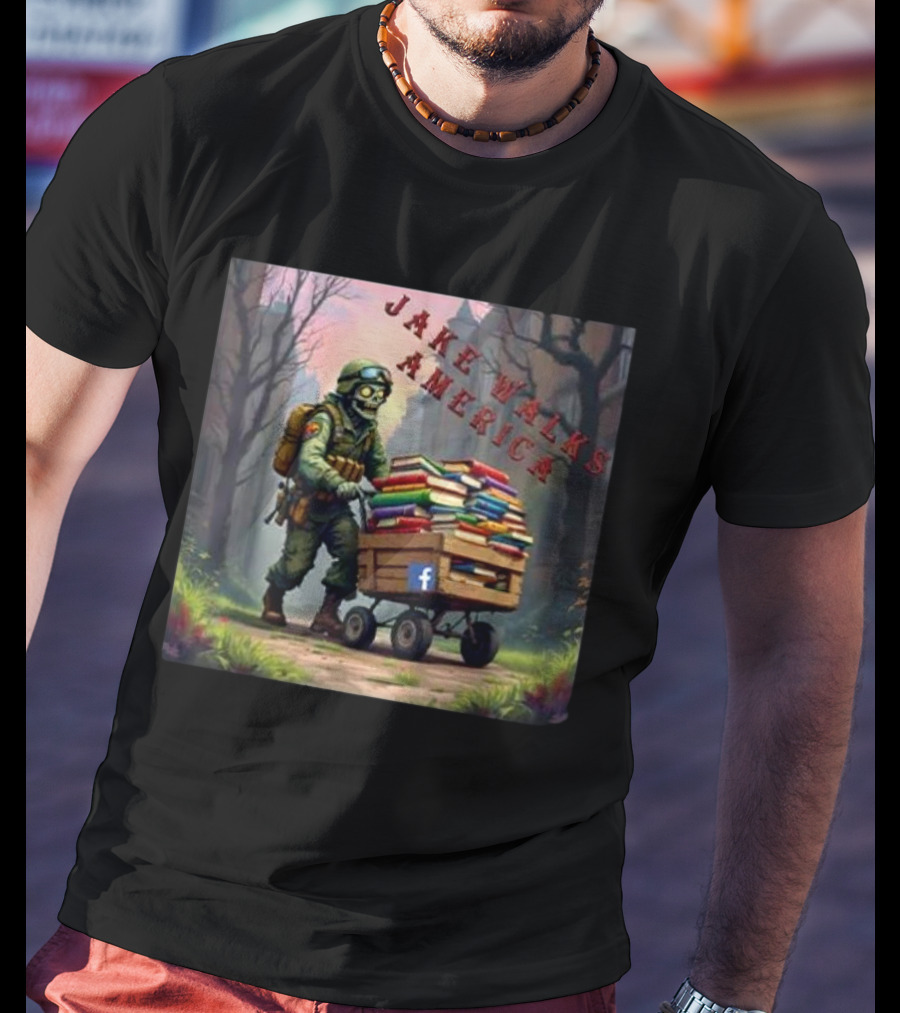 Zombie Soldier Pushing Book Cart Jake Walks America T-Shirt