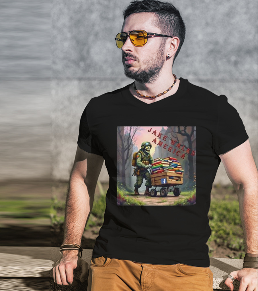 Zombie Soldier Pushing Book Cart Jake Walks America T-Shirt
