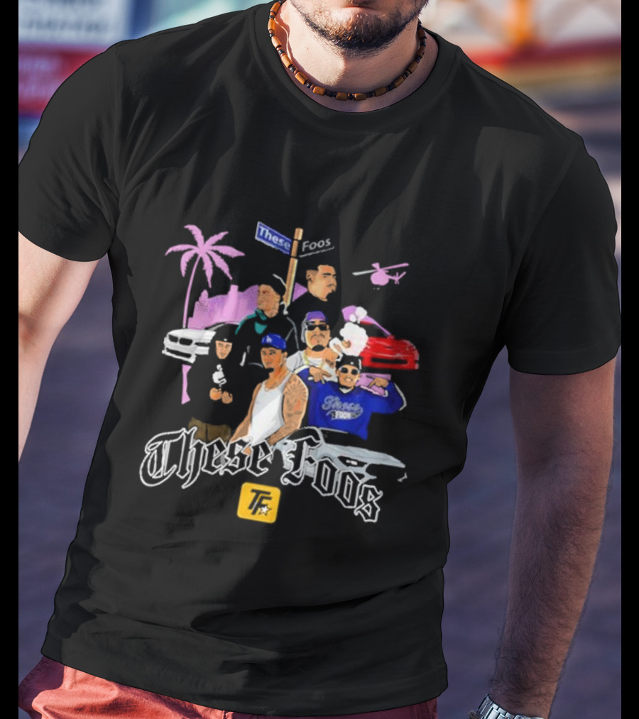 These Foos Street Style San Andreas Characters Palm Tree Helicopter Cars T-Shirt
