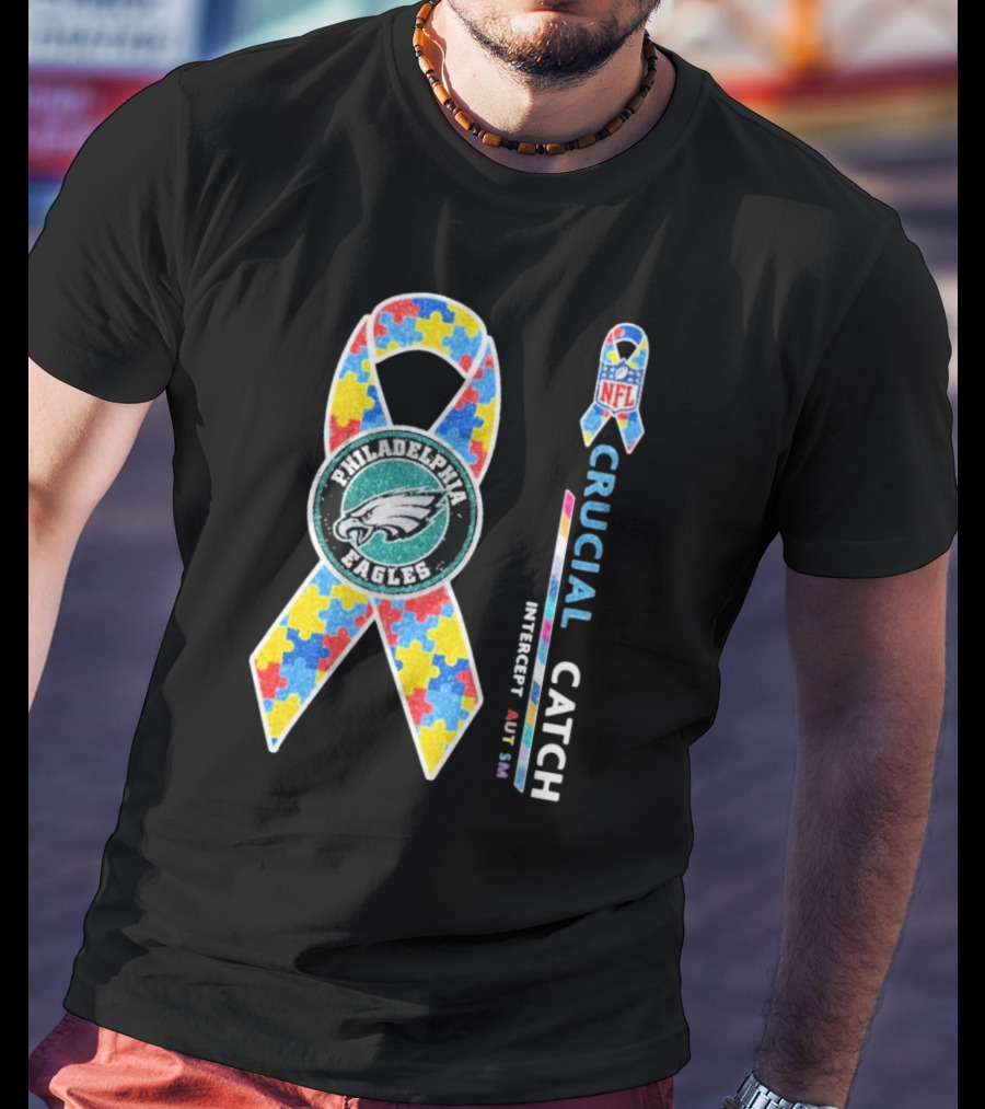 Philadelphia Eagles Autism Awareness Crucial Catch NFL Puzzle Ribbon T-Shirt