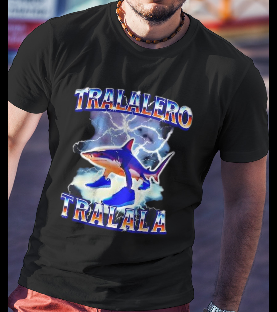TRALALERO TRALALA Shark With Sneakers Lightning Background T-Shirt