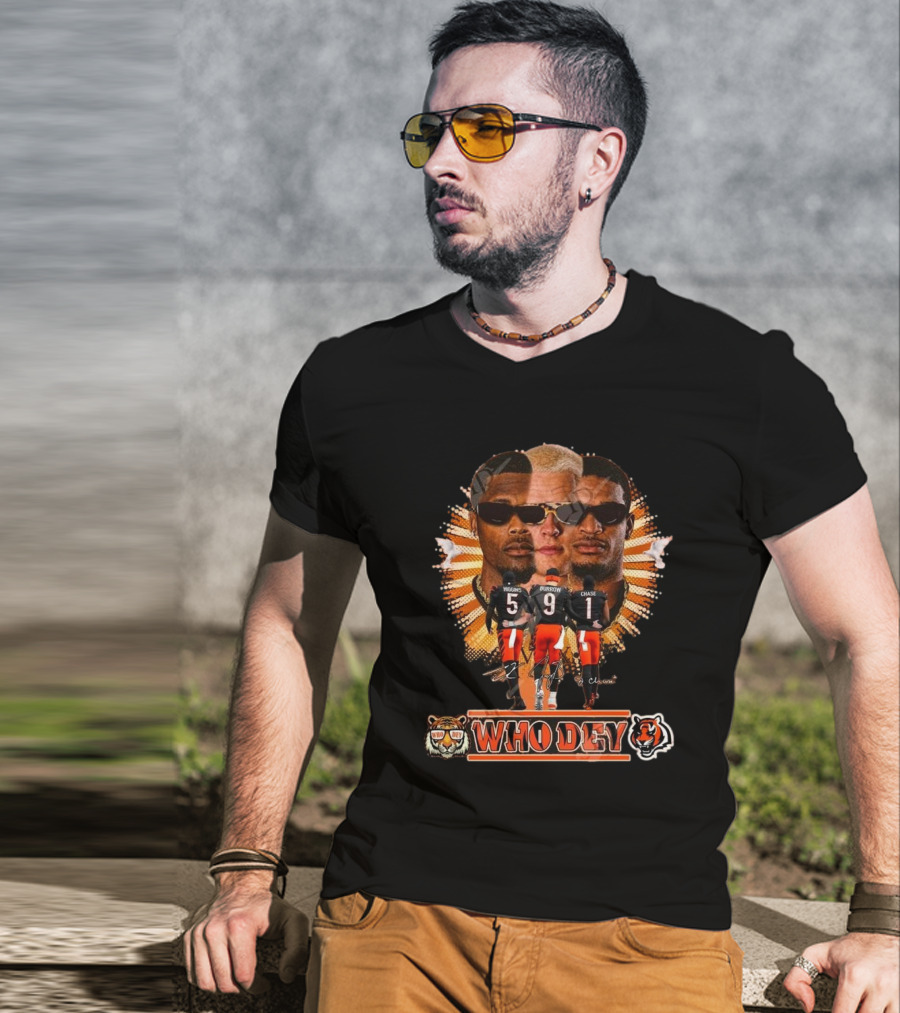 Who Dey Cincinnati Bengals 2025 Signatures Higgins Burrow Chase T-Shirt
