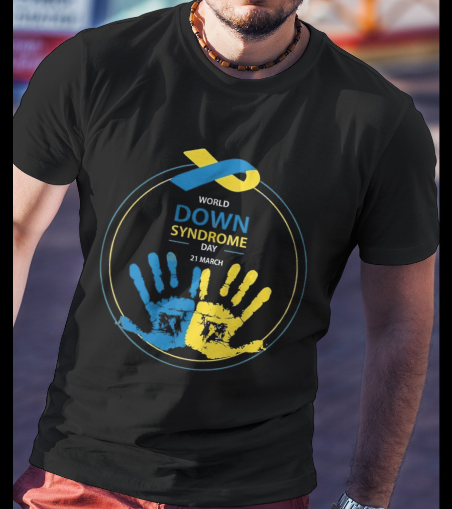 World Down Syndrome Day 21 March Blue Yellow Handprint Ribbon T-Shirt