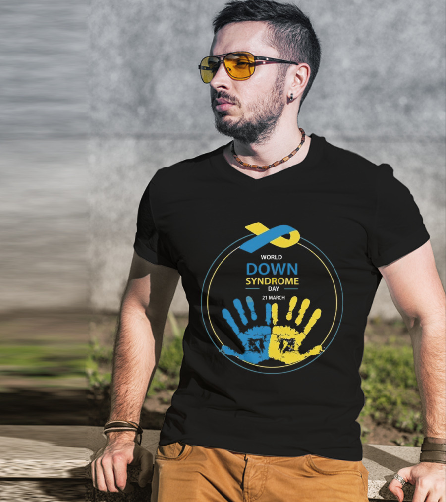 World Down Syndrome Day 21 March Blue Yellow Handprint Ribbon T-Shirt