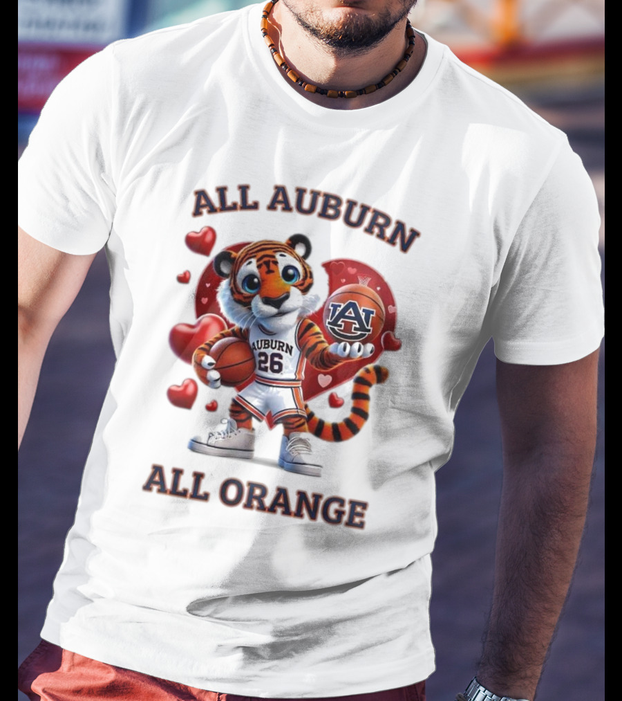 All Auburn All Orange Auburn Tigers Basketball Mascot Hearts T-Shirt