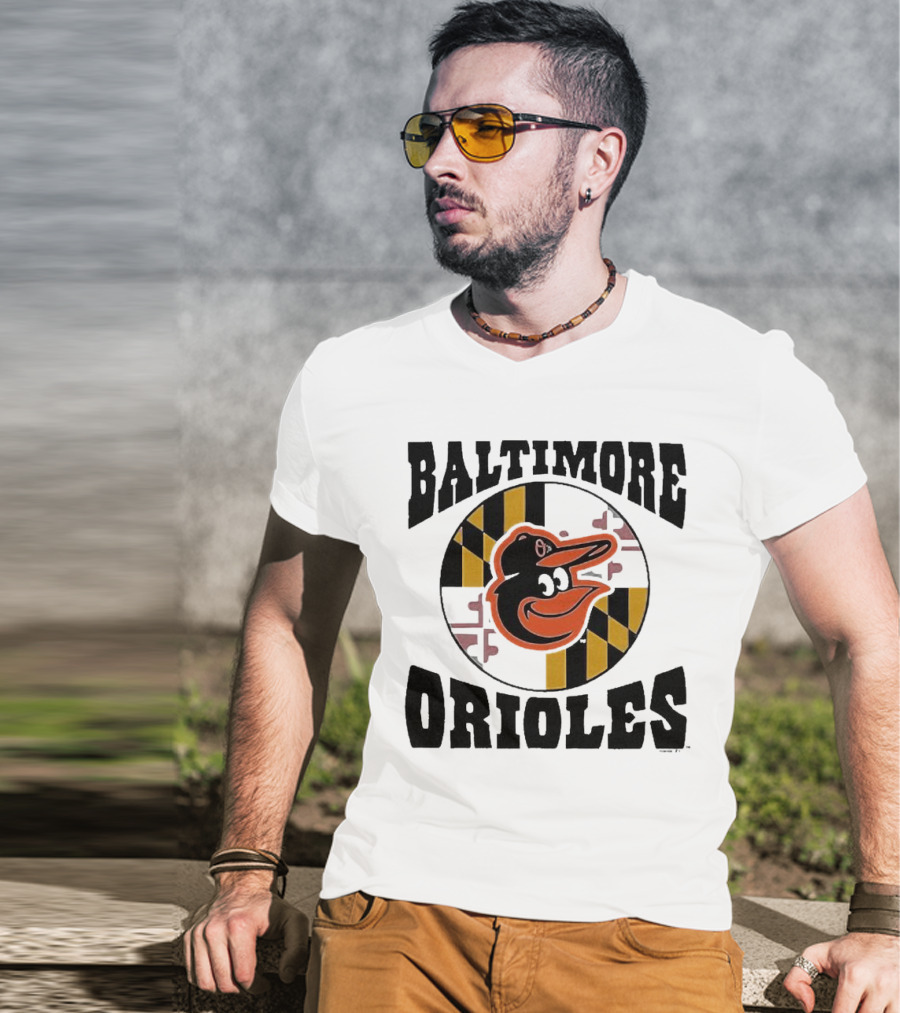 Baltimore Orioles Homage Hyper Local Tri-Blend Bird And Maryland Flag T-Shirt