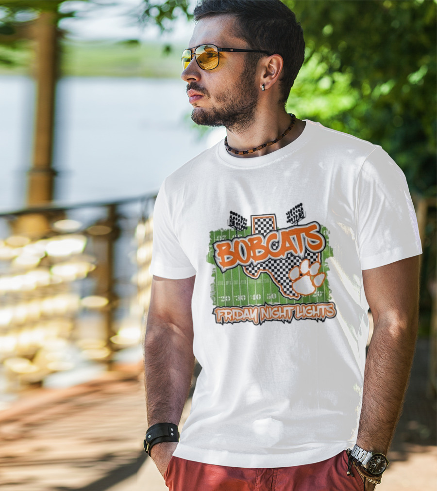 Bobcats Friday Night Lights Texas Football Paw Print Field Checkerboard T-Shirt