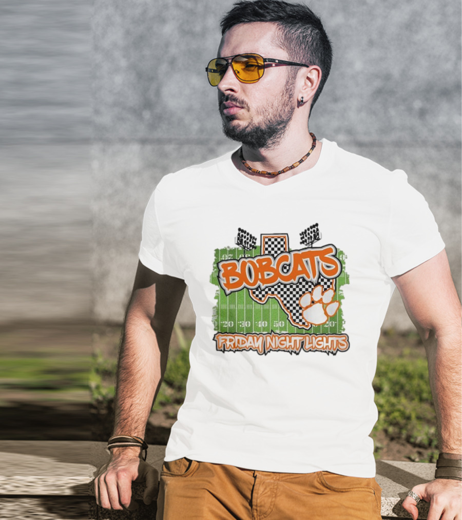 Bobcats Friday Night Lights Texas Football Paw Print Field Checkerboard T-Shirt