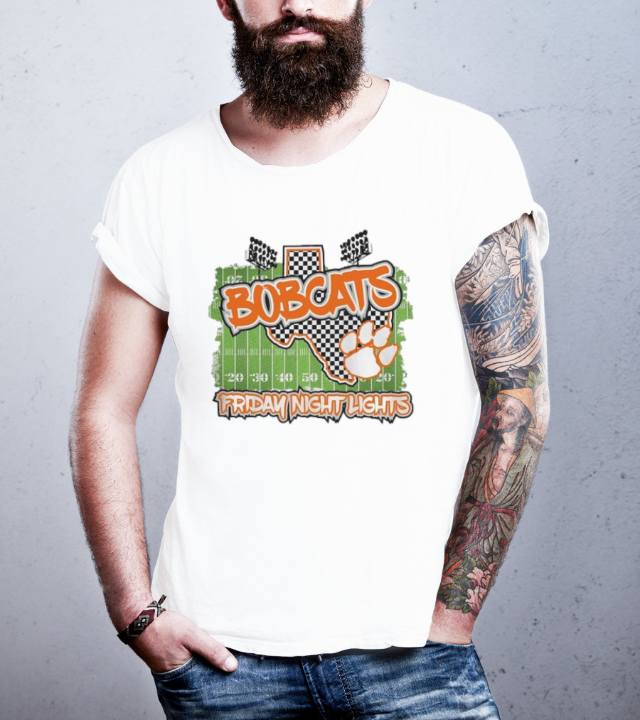 Bobcats Friday Night Lights Texas Football Paw Print Field Checkerboard T-Shirt