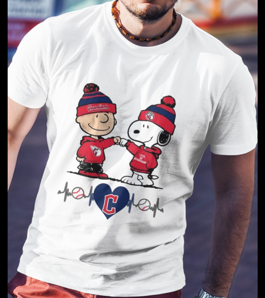 Charlie Brown Snoopy Cleveland Guardians Heartbeat Guardians Cap And T-Shirt