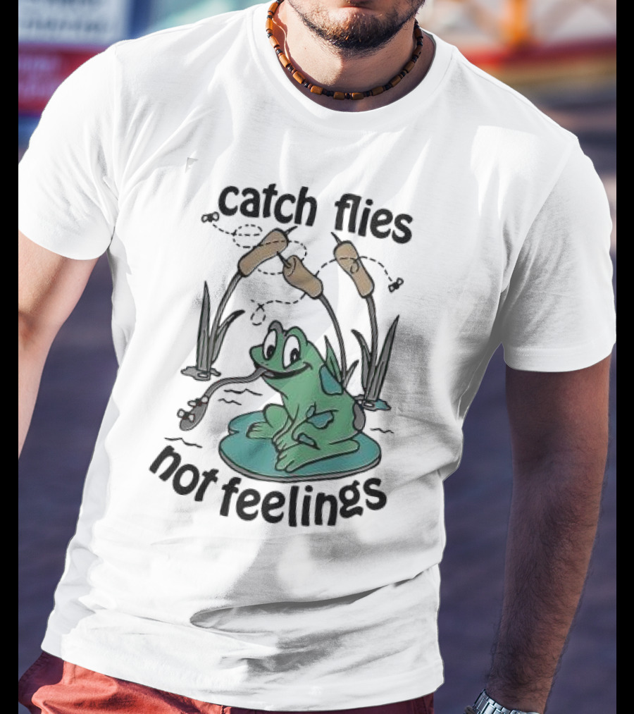Catch Flies Not Feelings Frog On Lily Pad With Swirling Flies T-Shirt