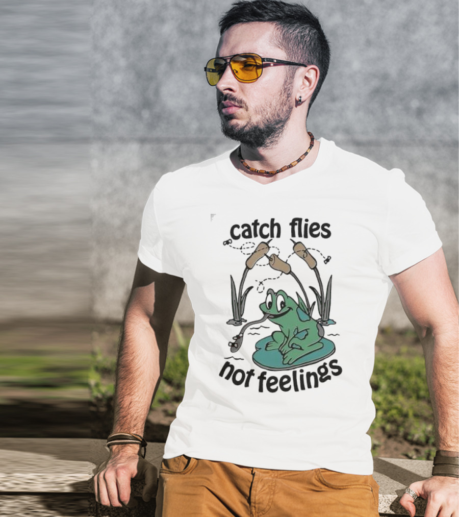 Catch Flies Not Feelings Frog On Lily Pad With Swirling Flies T-Shirt