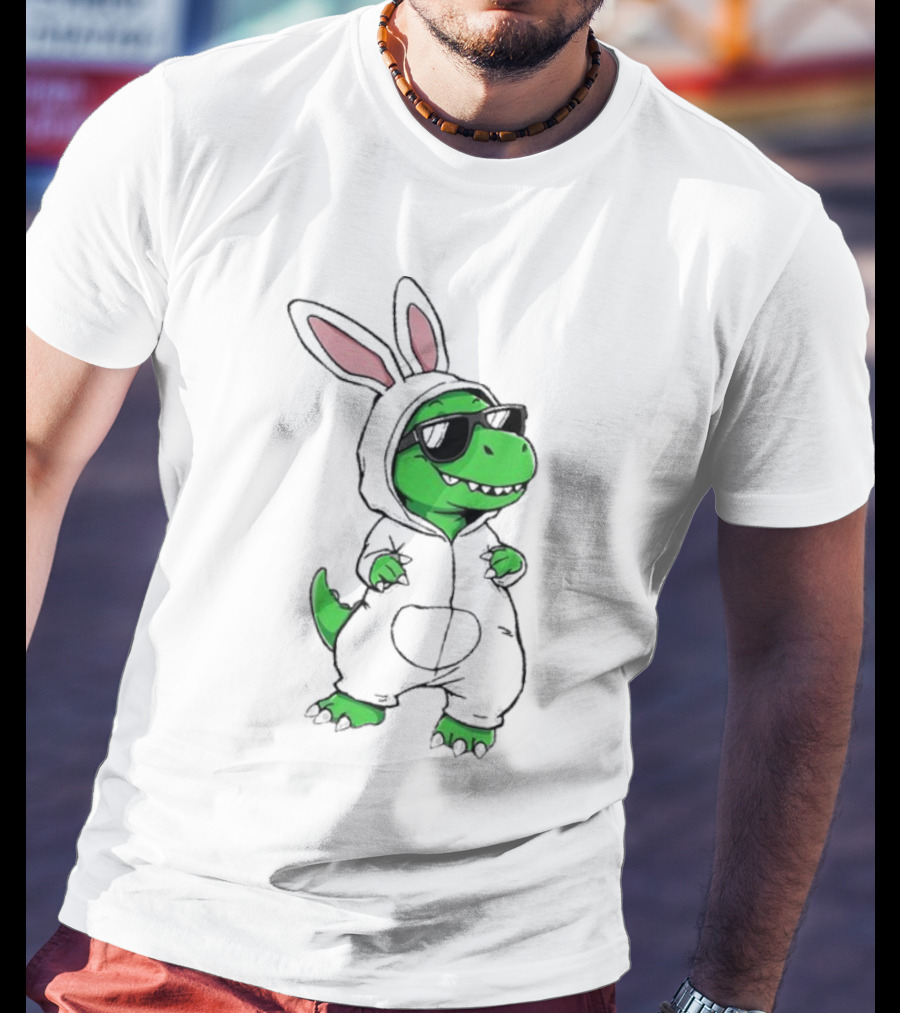 Cool Dino Wearing Easter Bunny Rabbit Costume With Sunglasses T-Shirt