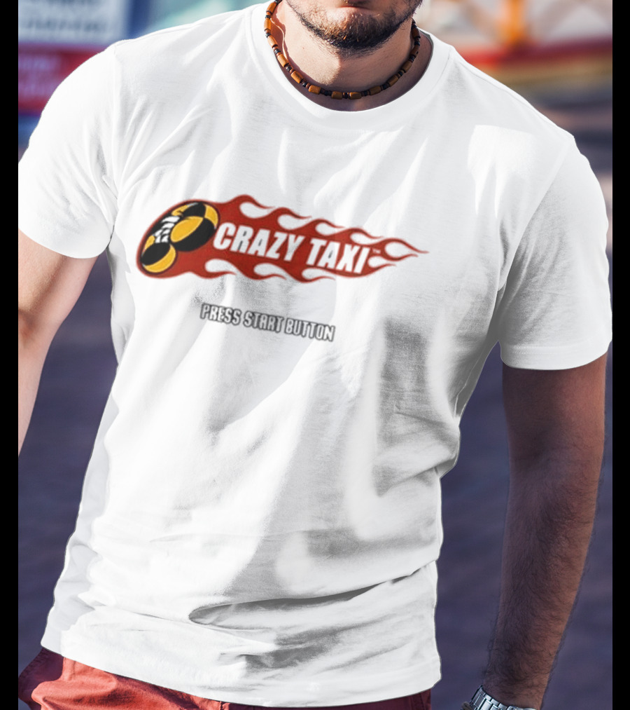 Crazy Taxi Press Start Button Iconic Video Game Flames Graphic T-Shirt