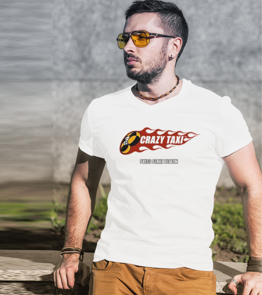 Crazy Taxi Press Start Button Iconic Video Game Flames Graphic T-Shirt
