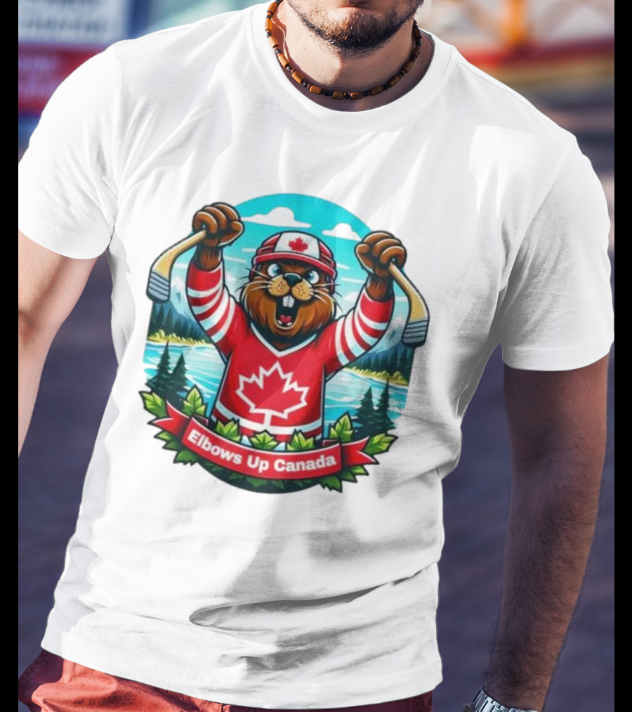 Elbows Up Canada Beaver Mascot Hockey Celebration Canadian Maple Leaf Forest T-Shirt