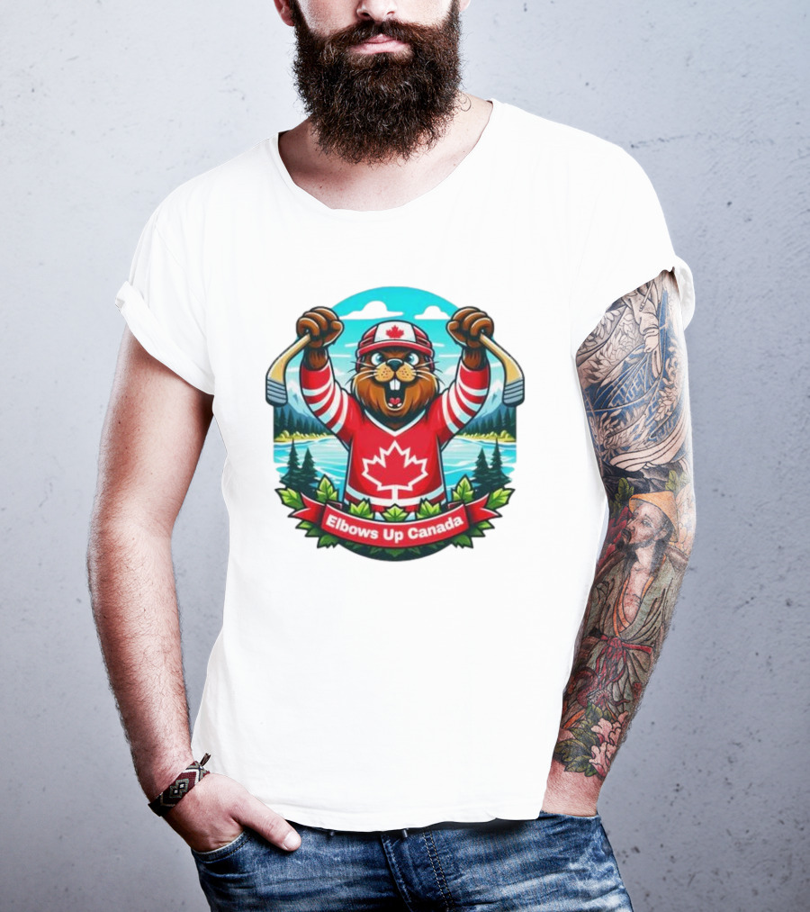 Elbows Up Canada Beaver Mascot Hockey Celebration Canadian Maple Leaf Forest T-Shirt