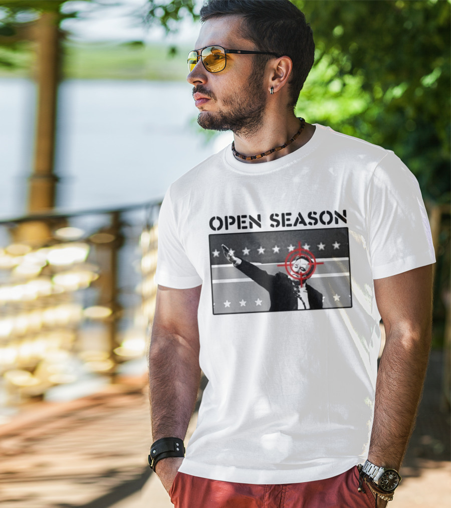 Unrecognizable Figure With Target Overlay Open Season Text T-Shirt