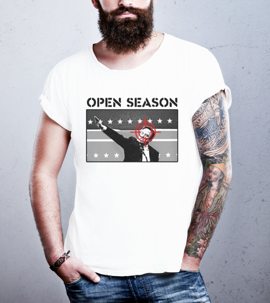 Unrecognizable Figure With Target Overlay Open Season Text T-Shirt