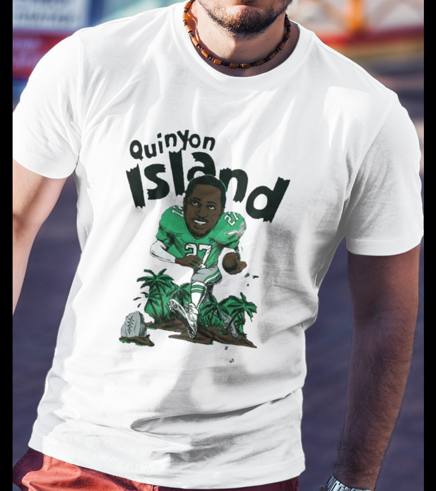 Quinyon Island Eagle 27 Football Player Running With Palm Trees And Rocks T-Shirt