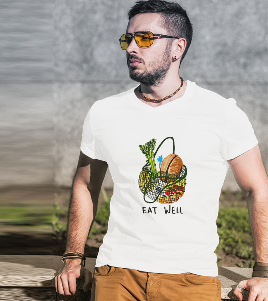 Eat Well Groceries In Mesh Bag With Baguette Broccoli Tomato T-Shirt