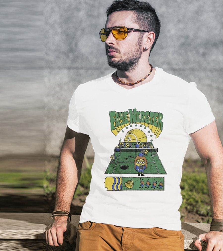 Faye Webster Brain Dead Tennis Court Scene With Yellow Characters And Sports Imagery T-Shirt