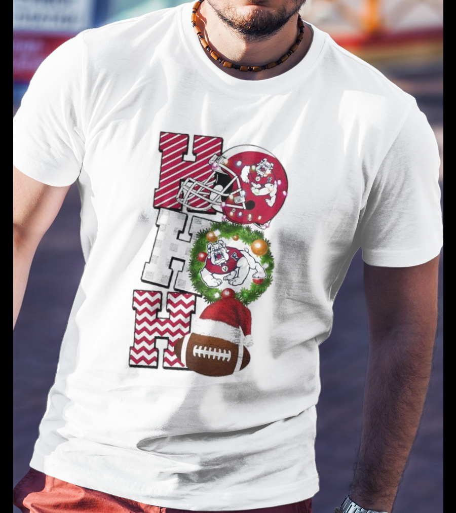 Fresno State Bulldogs Football Christmas Helmet Wreath Santa Hat Rugby T-Shirt