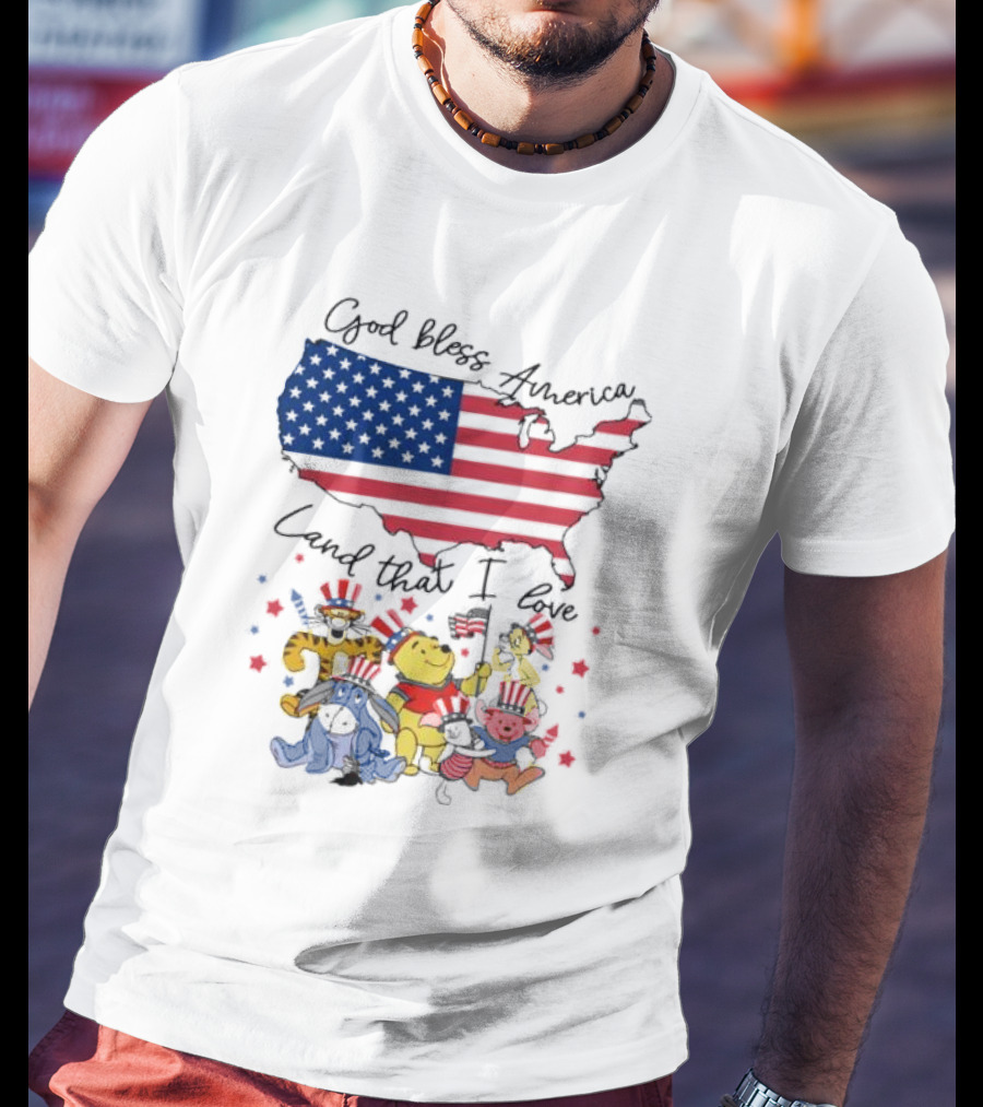 God Bless America Land That I Love Winnie The Pooh USA Flag T-Shirt