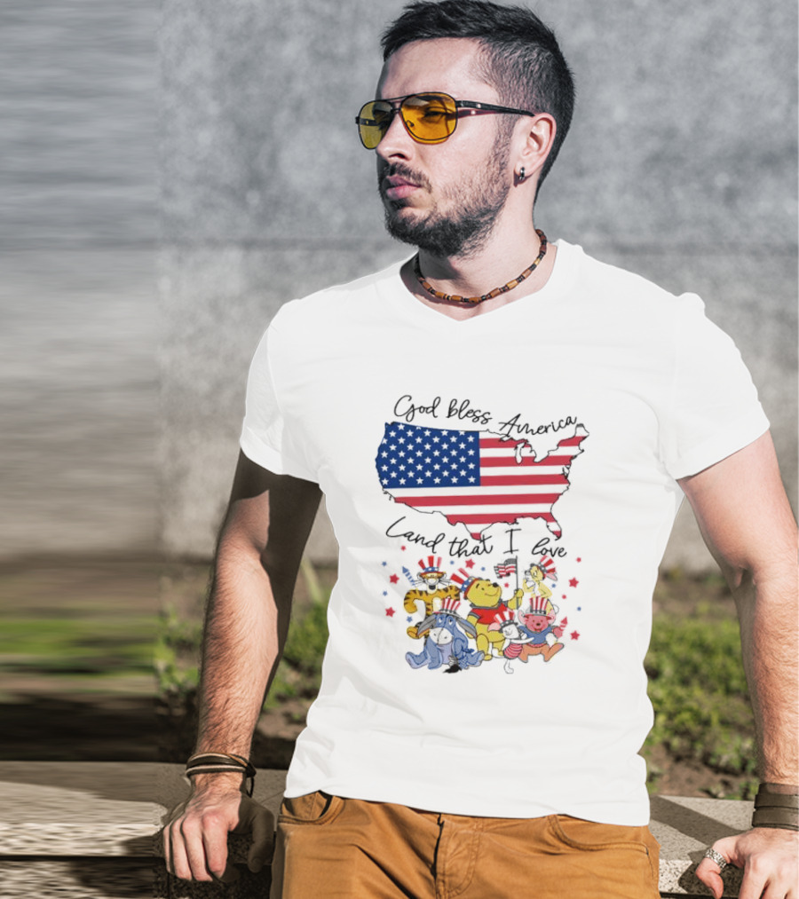 God Bless America Land That I Love Winnie The Pooh USA Flag T-Shirt