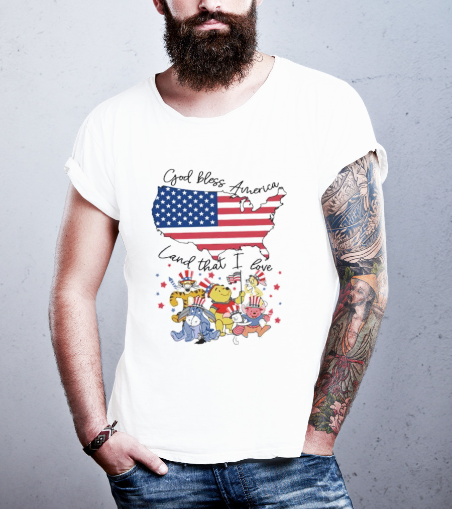 God Bless America Land That I Love Winnie The Pooh USA Flag T-Shirt