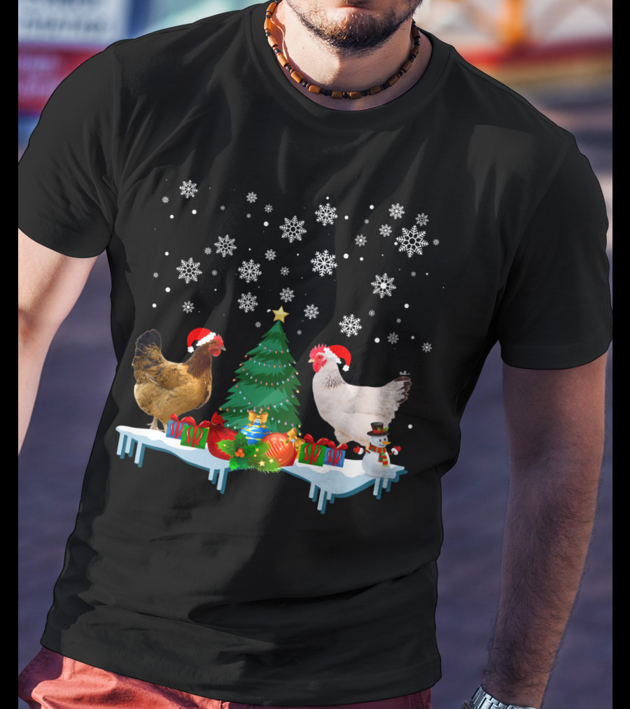 Chicken Merry Christmas Snowflake Festive Scene T-Shirt