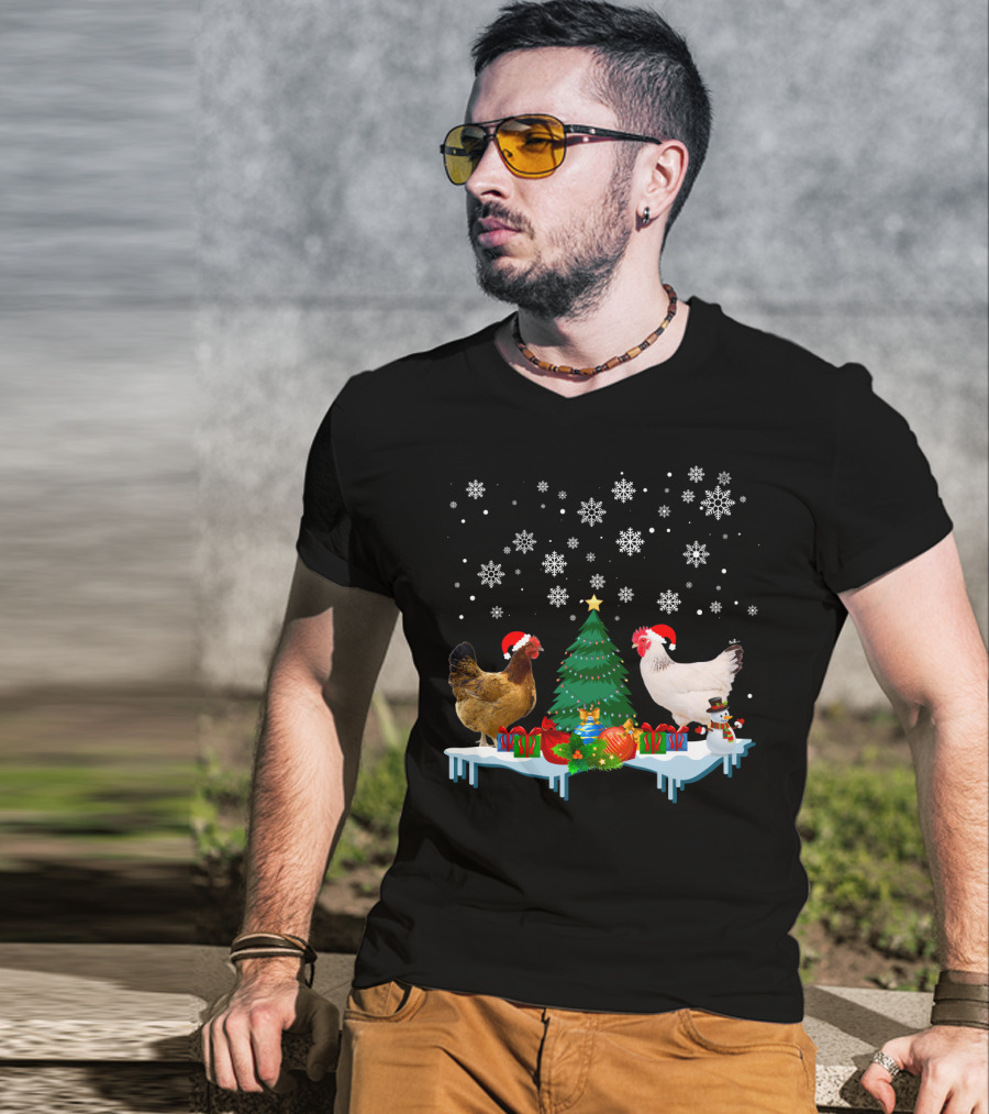Chicken Merry Christmas Snowflake Festive Scene T-Shirt