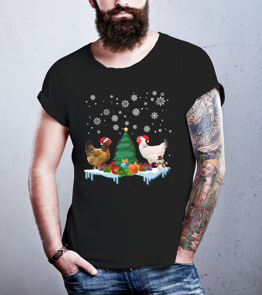 Chicken Merry Christmas Snowflake Festive Scene T-Shirt
