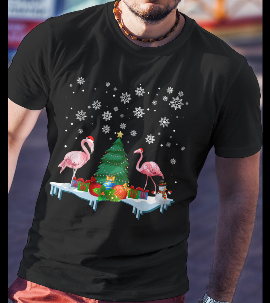 Flamingo Merry Snowflakes Christmas Tree And Santa Hat T-Shirt