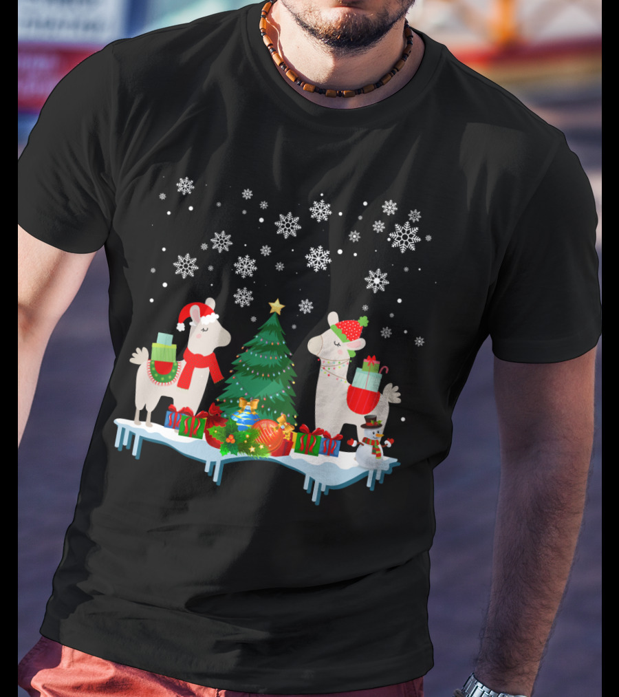 Llamas Merry Christmas Snowflakes Presents Tree T-Shirt